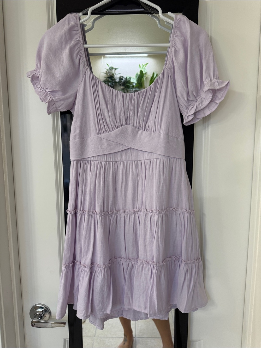 Francesca's Collections Light Lilac Puff-Sleeve Tiered Mini Dress